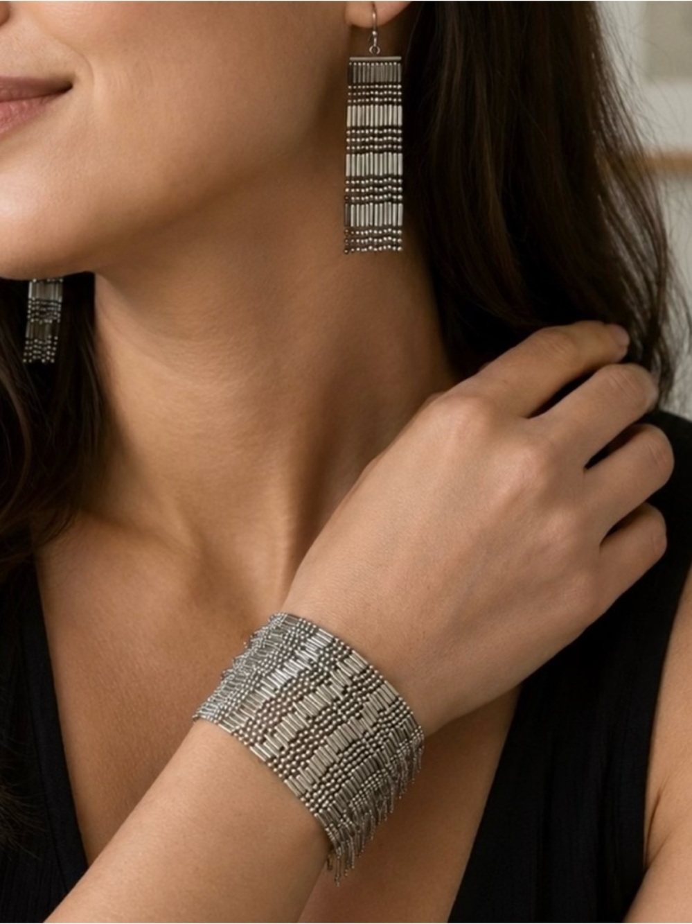 2 piece Set Plunder Silver Beaded Fringe  Earrings & Matching Cuff Bracelet